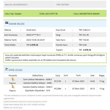 SunExpress Hava Yolları 07.10.2023 Tarih İzmir-Diyarbakır Üçümüzün İptal Edilmesi