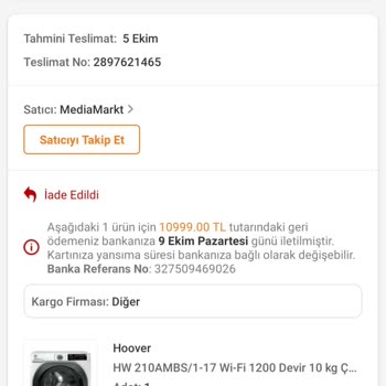 Media Markt Aldığım Çamaşır Makinesinin İsteğim Dışında İptal Edilmesi