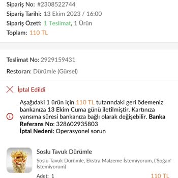 Trendyol Yemek Siparişim İptal Edildi