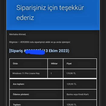 Sağlam Lisans Windows 11 Pro Keyi Tarafıma Gönderilmedi