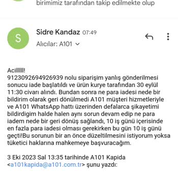 A101 Yanlış Ürün Gönderip İade Ettiğimde Halde Para İadesi Si Yapılmadı