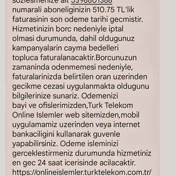Türk Telekom Borç Bildirimi Mesajı
