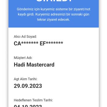 AGT Kurye (aynigunteslim.com) Hadi Mastercard Im Gelmedi