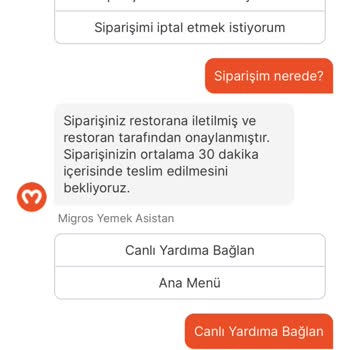 Migros Yemek Canlı Destek Sorunu