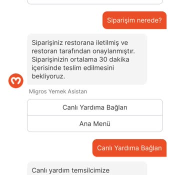 Migros Yemek Canlı Destek Sorunu