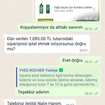 Yves Rocher Siparişimi İptal Etmiyor