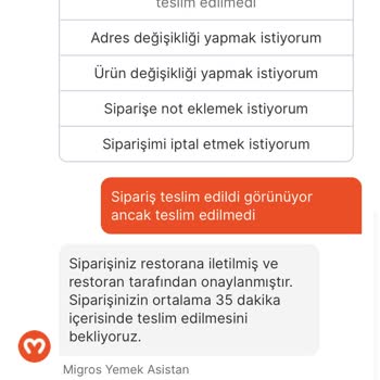 Teslim Edilmeyen, Destek Hattı Olmayan Migros Yemek