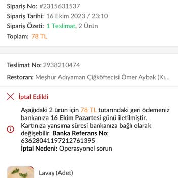 Trendyol Yemek Kafalarına Göre Yapılan Sipariş İptali