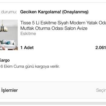 N11'den Aldığım Tisse 5'li Eskiyecek Siyah Modern Aplik İle İlgili Sorun