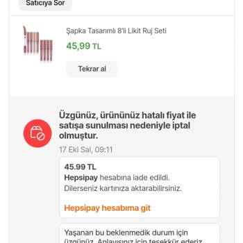 Hepsiburada Siparişim İptal Edildi