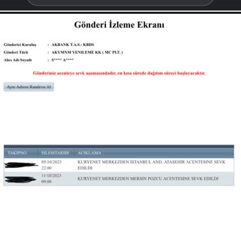 Akbank 13 Gündür Teslim Edilmeyen Kart.