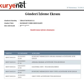 Kuryenet Ziraat Bank Kartımı Teslim Edilmedi