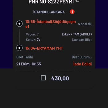 YHT (Yüksek Hızlı Tren) İptal Edilen Biletin İade Talebi
