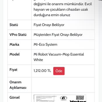 Ouno Service Xiaomi Mi Vacuum Mop Essential Robot Süpürge İle İlgili Garanti Sorunu