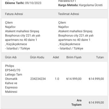 Arya Gross Teslim Edilmeyen Sipariş