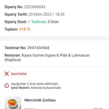Trendyol Yemek Geri Dönüşü Olmayan Bir Şekilde İptal Olması