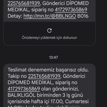 MNG Kargo Dipomed Medikal Sipariş Numarası 417297365869 - Kargo Teslim Edilmedi