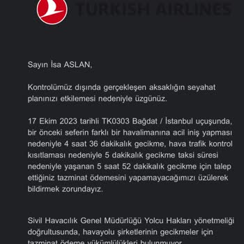 THY Nin Saatlerce Geciken Uçağına Tazminat Ödememesi!