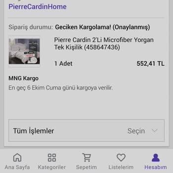 Pierre Cardin Home Pierre Cardin Satışı Yapılan Ama Gönderilmeyen Ürünler