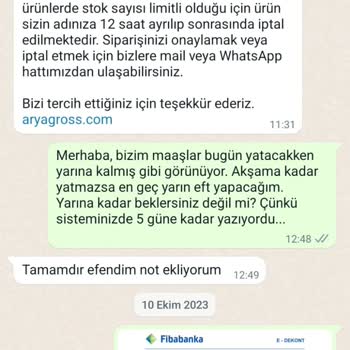 Arya Gross Adlı Sitenin Ürünümüzü Göndermemesi