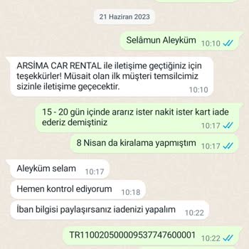 Arsima Rent A Car Rize Depozito İadesi Yapmıyor
