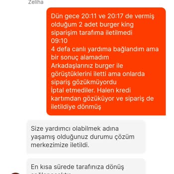 Migros Yemek/Burger King İletilmeyen Sipariş Ve Karttan Ödeme Alınması