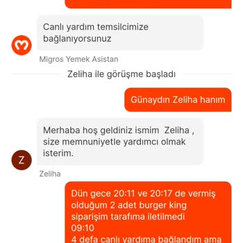 Migros Yemek/Burger King İletilmeyen Sipariş Ve Karttan Ödeme Alınması