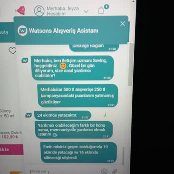 Watsons 500 TL'lik Alışverişe 250 TL Puan