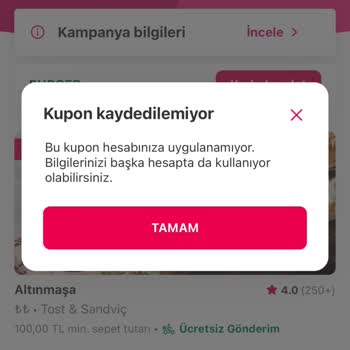 Yemeksepeti Kupon Kodu Kullanamama
