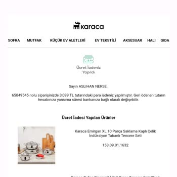 Karaca Züccaciye Sipariş İptali Para İadesi