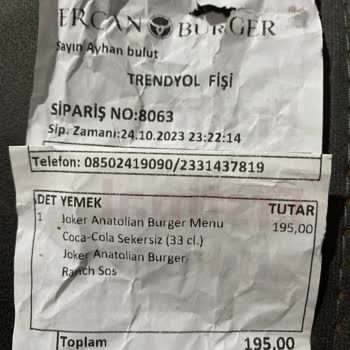 Ercan Burger Menü İçeriği Eksik Gönderdi