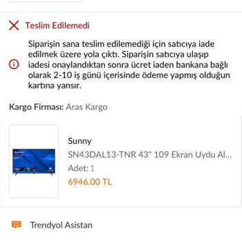 Trendyol Sunny Marka TV Teslim Edilemedi