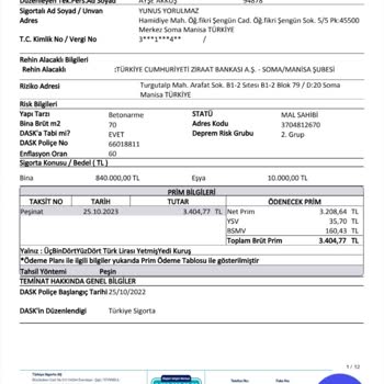 Ziraat Bankası Bilgim Dahilinde Olmayan Sigorta Poliçesi Düzenlenmesi