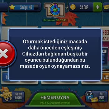 101 Okey Plus Eşleşmiş Cihaz Uyarısı