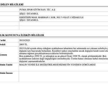 Puma Marka Ayakkabının Tabanlarından Ses Gelmesi
