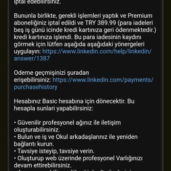 Linkedin Premium Üyeliği İadesinin Yapılmaması