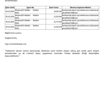 Yapı Kredi Bankası Yapmadığım Alışverişten Sorumlu Olmam