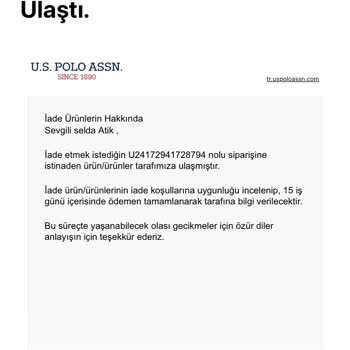 U.S. Polo Assn. Ödendi Denen Ama Ödenmeyen İade Ürün Ücreti