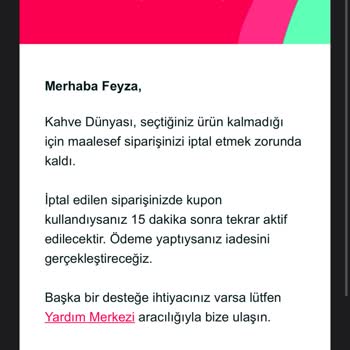 Kahve Dünyası Yemeksepeti Üzerinden Siparişim Üst Üste İki Kez İptal Edildi!