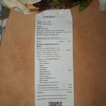 Trendyol Yemek Doritoslu Çiğ Köfte Dürüm Siparişiyle İlgili Sorun