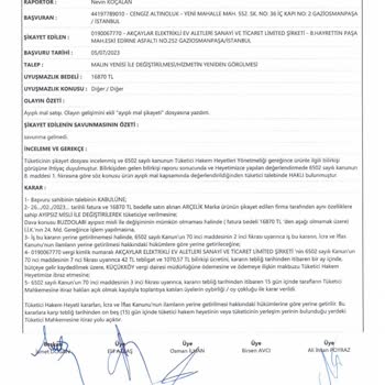 Arçelik Akçaylar Elektronik Tüketici Hakem Heyeti Kararı