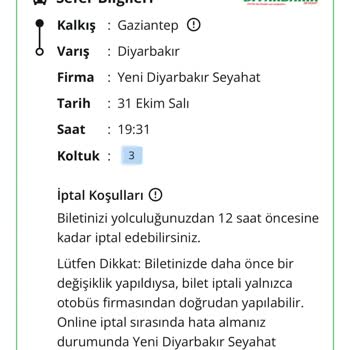 Yeni Diyarbakır Seyahat Otobüs Bileti İptal Veya Değişimi