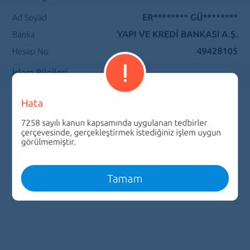 Yapı Kredi Bankası 7258 İşlem Kısıtlaması