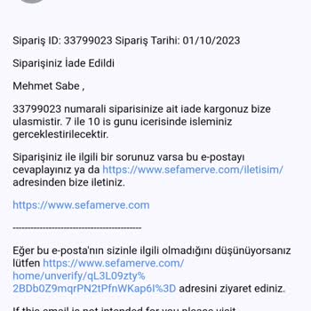 Sefamerve Kusurlu Gelen Ürünün İade Ücretinin Ödenmemesi Hakkında