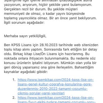 İsem Kitap Sipariş İade/Değişim Hakkı Yanıtsız Kalması