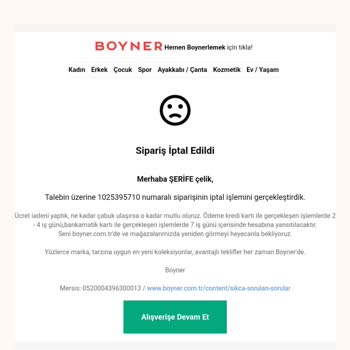 Boyner'in İptal Edilen Siparişin İadesini Yapmaması