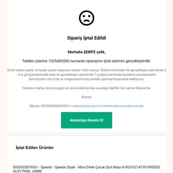 Boyner'in İptal Edilen Siparişin İadesini Yapmaması