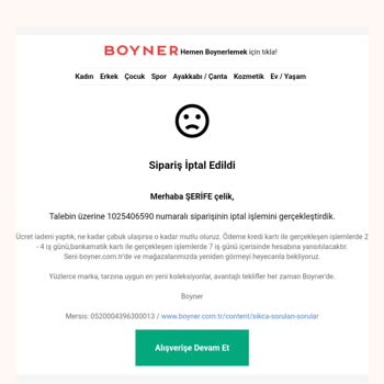Boyner'in İptal Edilen Siparişin İadesini Yapmaması