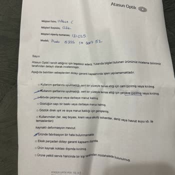 Solaris Optik Hatalı Gelen Ürünün Müşteri Hatası Denilmesi