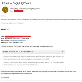 Jimmy Key Adres Değişiklik Talebi
